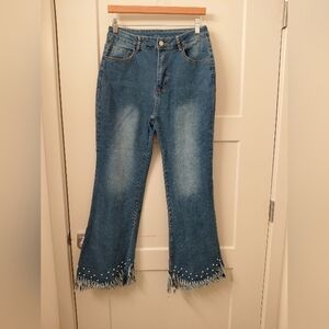 Women's Blue Pearl-Embellished Frayed Hem Jeans